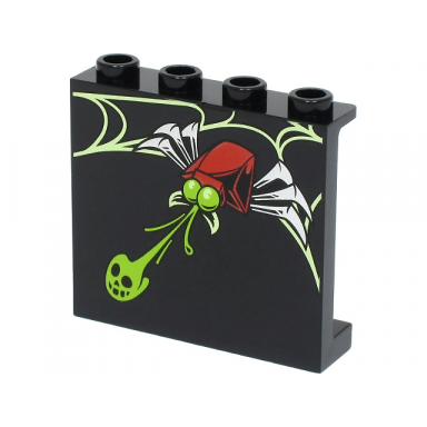 black panel 1 x 4 x 3 with side supports - hollow studs with yellowish green web lime skull and red spider with silver legs pattern