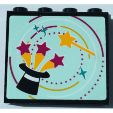 black panel 1 x 4 x 3 with side supports - hollow studs with bright light orange magic wand and black top hat with magenta stars on light aqua background pattern sticker - set 41368