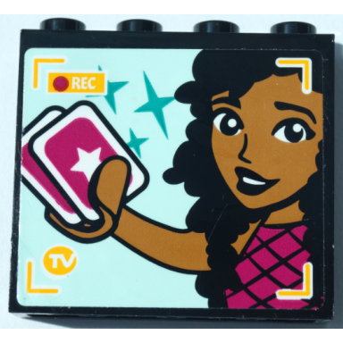 black panel 1 x 4 x 3 with side supports - hollow studs with friends minifigure holding playing cards rec and dark turquoise stars on tv screen pattern sticker - set 41368