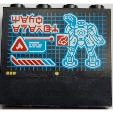 black panel 1 x 4 x 3 with side supports - hollow studs with display screen with buttons grid text box power bar fire danger triangle and ninjago logogram mech energy pattern sticker - set 71767