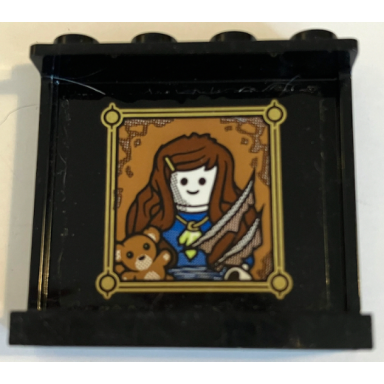 black panel 1 x 4 x 3 with side supports - hollow studs with torn portrait painting of female minifigure and teddy bear in gold frame pattern sticker - set 70425