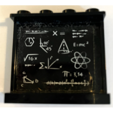 black panel 1 x 4 x 3 with side supports - hollow studs with white mathematical equations graphs and diagrams of atom and shapes pattern sticker - set 70425