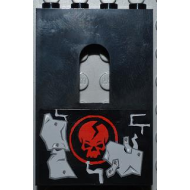 black panel 1 x 4 x 5 wall with window with red skull in circle and light bluish gray metal plates wall repairs pattern model right side sticker - set 2505