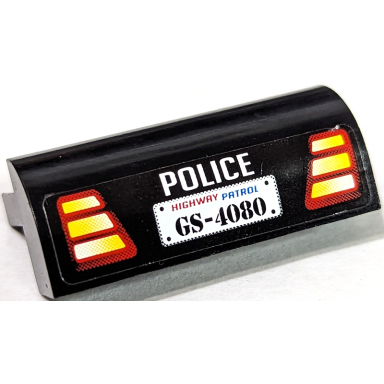 black slope curved 2 x 4 x 1 1 3 with 4 recessed studs with police taillights and highway patrol gs-4080 pattern sticker - set 8681