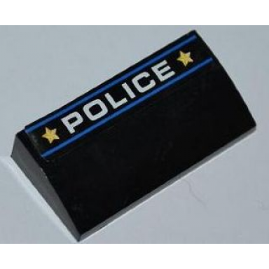 black slope curved 2 x 4 x 2 3 without bottom tubes with 2 blue lines police and 2 yellow stars pattern sticker - set 8197