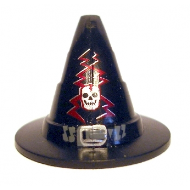 black minifigure headgear hat wizard witch with silver buckle skull and lightning bolts pattern