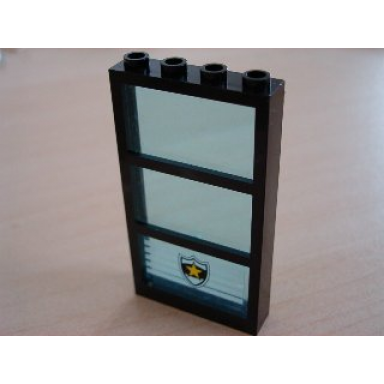 black window 1 x 4 x 6 with 3 panes with fixed trans-light blue glass with police star badge white stripes pattern sticker - set 6598