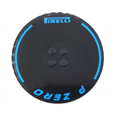 black tile round 8 x 8 with 4 studs in center with blue curved stripes pirelli and p zero pattern sticker - set 42141 first version