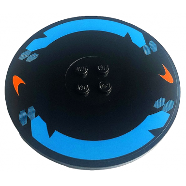 black tile round 8 x 8 with 4 studs in center with blue curved stripes and orange mclaren logos pattern sticker - set 42141 second version