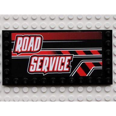 black tile modified 6 x 12 with studs on edges with white road service on black and red stripes pattern model left side sticker - set 8285