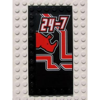 black tile modified 6 x 12 with studs on edges with white 24-7 and red rhino head pattern model right sticker - set 8285