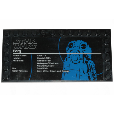 black tile modified 6 x 12 with studs on edges with star wars logo and porg pattern sticker - set 75230