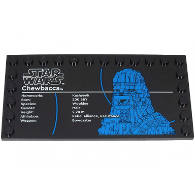 black tile modified 6 x 12 with studs on edges with star wars logo and chewbacca pattern