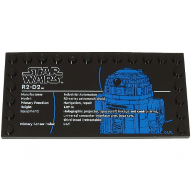 black tile modified 6 x 12 with studs on edges with star wars logo and r2-d2 pattern