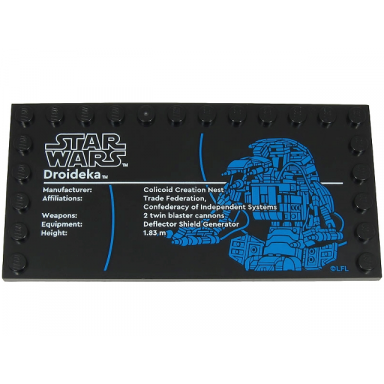 black tile modified 6 x 12 with studs on edges with star wars logo and droideka pattern