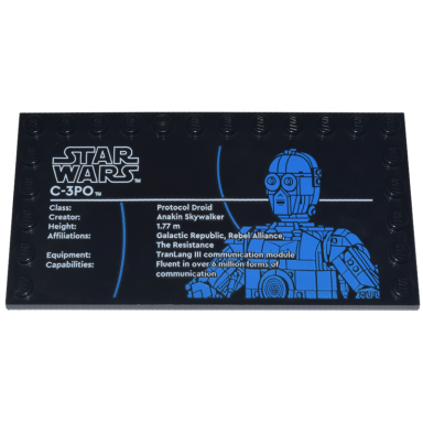 black tile modified 6 x 12 with studs on edges with star wars logo and c-3po pattern