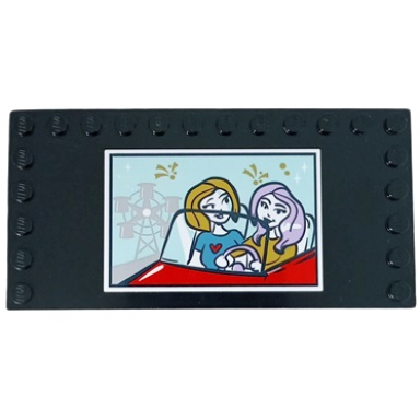 black tile modified 6 x 12 with studs on edges with movie screen with 2 female characters driving red sports car fireworks and ferris wheel on light aqua background pattern sticker - set - 41448