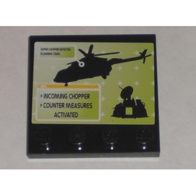 black tile modified 4 x 4 with studs on edge with black helicopter command center incoming chopper and counter measures activated pattern sticker - set 8971