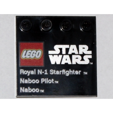 black tile modified 4 x 4 with studs on edge with lego star wars logo royal n-1 starfighter naboo pilot and naboo pattern
