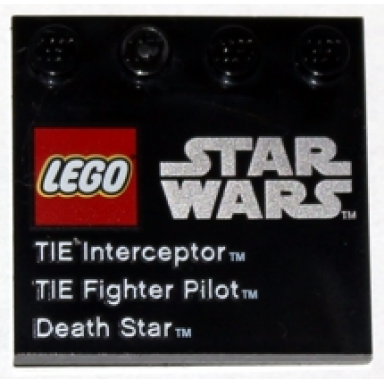 black tile modified 4 x 4 with studs on edge with lego star wars logo tie interceptor tie fighter pilot and death star pattern