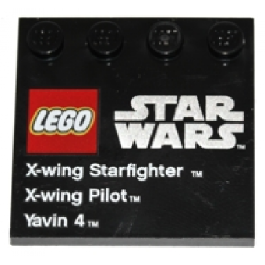 black tile modified 4 x 4 with studs on edge with lego star wars logo x-wing starfighter x-wing pilot and yavin 4 pattern