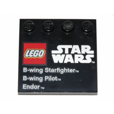 black tile modified 4 x 4 with studs on edge with lego star wars logo b-wing starfighter b-wing pilot and endor pattern