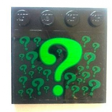 black tile modified 4 x 4 with studs on edge with bright green question marks riddler logo pattern sticker - set 7785