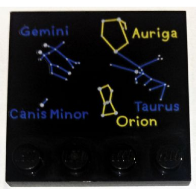 black tile modified 4 x 4 with studs on edge with blue and yellow constellations gemini auriga canis minor taurus and orion pattern
