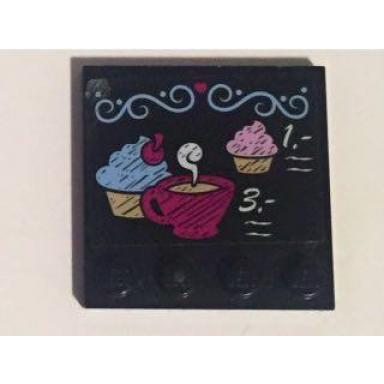 black tile modified 4 x 4 with studs on edge with bright light blue filigree cupcakes dark pink coffee cup white 1.- and 3.- pattern sticker - set 41119