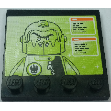 black tile modified 4 x 4 with studs on edge with agents break jaw minifigure portrait black and orange writings pattern sticker - set 8637