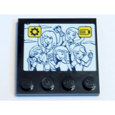 black tile modified 4 x 4 with studs on edge with black and white friends girls and yellow and black gear and battery level pattern sticker - set 41346