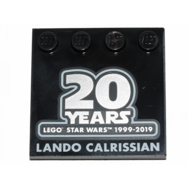black tile modified 4 x 4 with studs on edge with sw 20 years lego star wars 1999-2019 and lando calrissian pattern