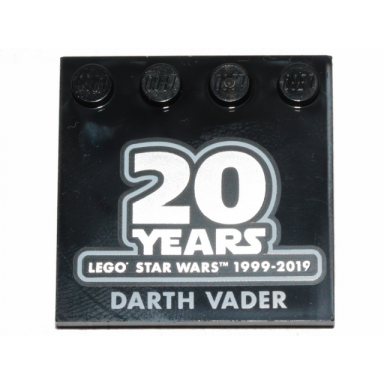 black tile modified 4 x 4 with studs on edge with sw 20 years lego star wars 1999-2019 and darth vader pattern
