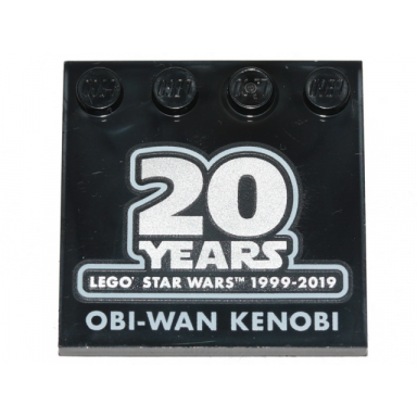 black tile modified 4 x 4 with studs on edge with sw 20 years lego star wars 1999-2019 and obi-wan kenobi pattern