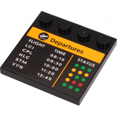 black tile modified 4 x 4 with studs on edge with departures flight time status and flight schedule pattern sticker - set 60262
