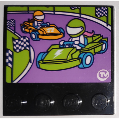 black tile modified 4 x 4 with studs on edge with checkered flags and go-karts on racetrack pattern sticker - set 41340