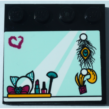 black tile modified 4 x 4 with studs on edge with light aqua mirror magenta heart peacock feathers and makeup on shelf pattern sticker - set 41368