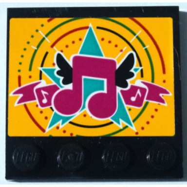 black tile modified 4 x 4 with studs on edge with magenta music notes with black wings and dark turquoise star on bright light orange background pattern sticker - set 41368
