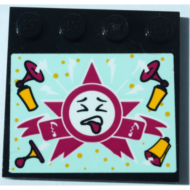 black tile modified 4 x 4 with studs on edge with grimacing face magenta star and bright light orange air horns on light aqua background pattern sticker - set 41368