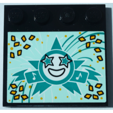 black tile modified 4 x 4 with studs on edge with happy face dark turquoise stars and bright light orange diamonds on light aqua background pattern sticker - set 41368