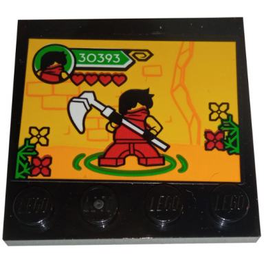 black tile modified 4 x 4 with studs on edge with video game screen 30393 flowers red hearts and ninjago kai ninja minifigure pattern sticker - set 60291