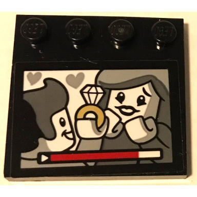 black tile modified 4 x 4 with studs on edge with man holding gold diamond ring proposing to woman on screen hearts play button and progress bar pattern sticker - set 70922