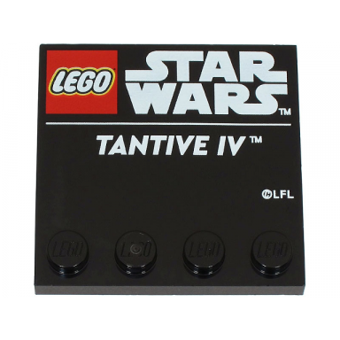 black tile modified 4 x 4 with studs on edge with lego star wars logo and white tantive iv pattern