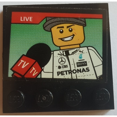 black tile modified 4 x 4 with studs on edge with live tv microphone and formula 1 driver minifigure on screen pattern sticker - set 75883