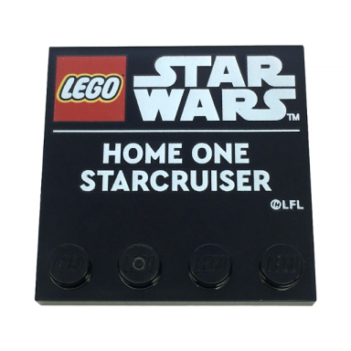 black tile modified 4 x 4 with studs on edge with lego star wars logo and white home one starcruiser pattern