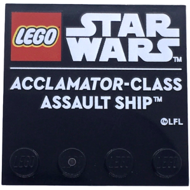 black tile modified 4 x 4 with studs on edge with lego star wars logo and white acclamator-class assault ship pattern