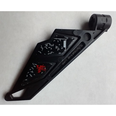 black bionicle wing small tail with axle hole with damaged panel with gray holes and red symbol pattern model left side stickers - set 5972