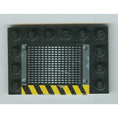 black tile modified 4 x 6 with studs on edges with grille and black and yellow danger stripes pattern side a sticker - set 6208