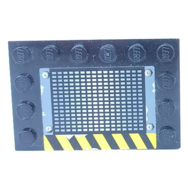 black tile modified 4 x 6 with studs on edges with grille and black and yellow danger stripes pattern side b sticker - set 6208