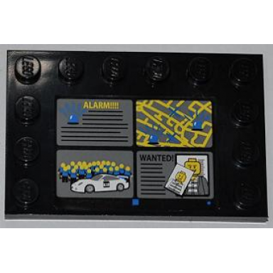 black tile modified 4 x 6 with studs on edges with alarm!!!! street map white car and wanted! pattern sticker - set 7498